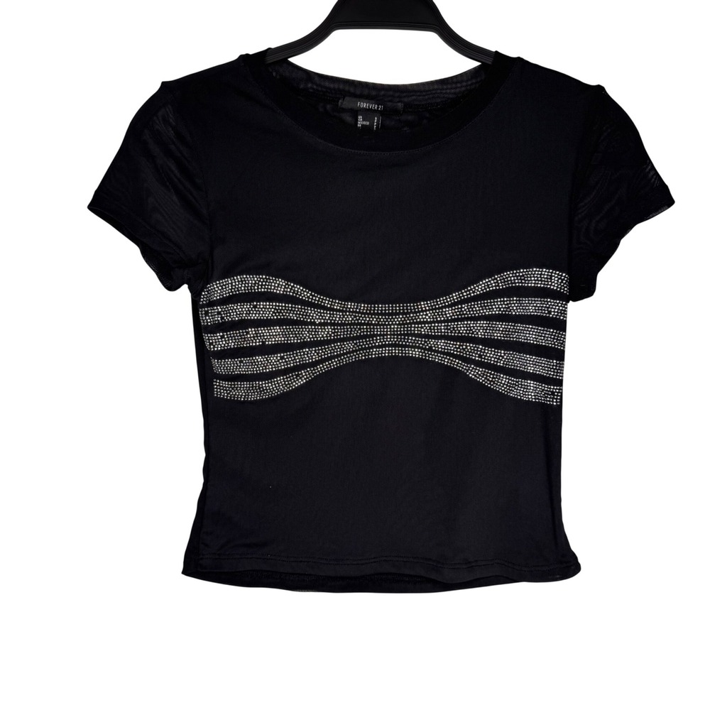 Forever 21 Grunge‎ Goth Whimsigoth Black Mesh Rhinestone Bra Bow Crop Top Small
